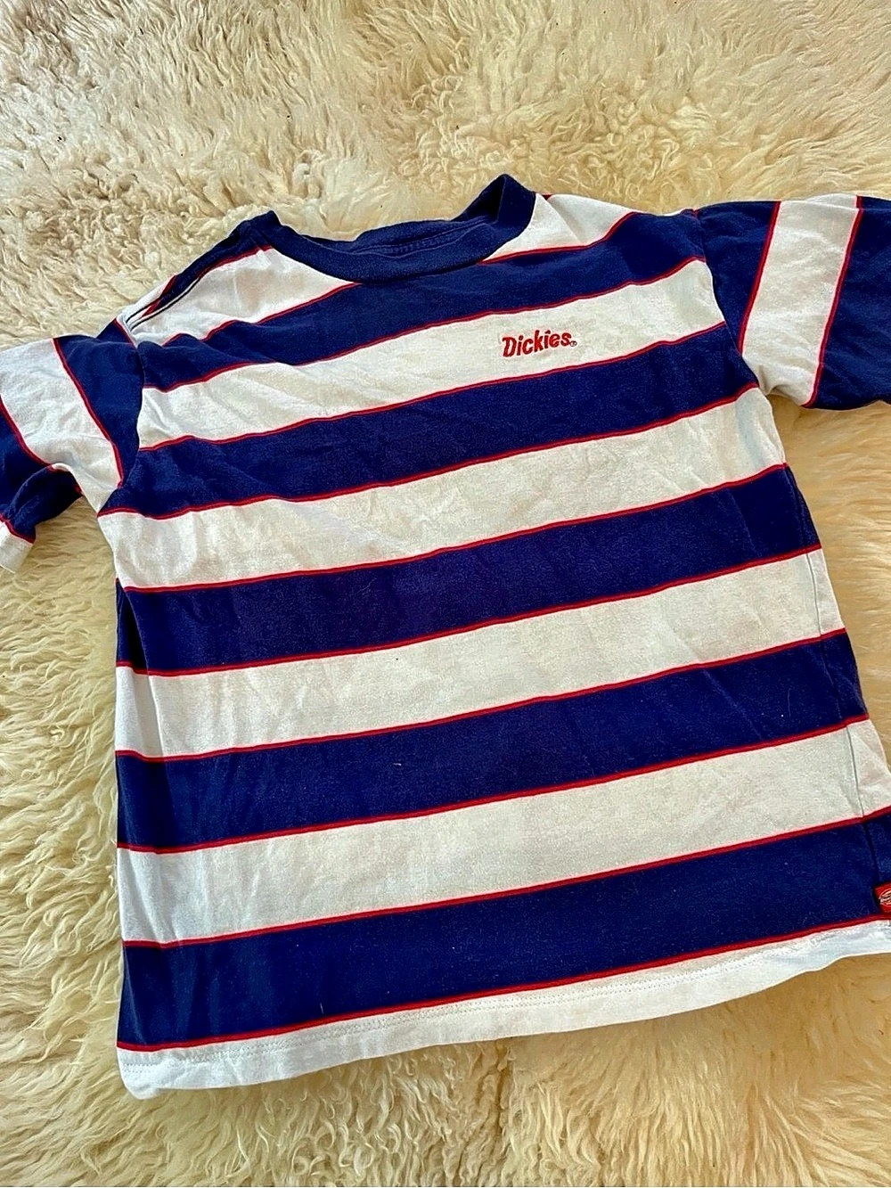 Dickies Shirt Womens Small White Blue Striped Short Sleeve Crew Neck